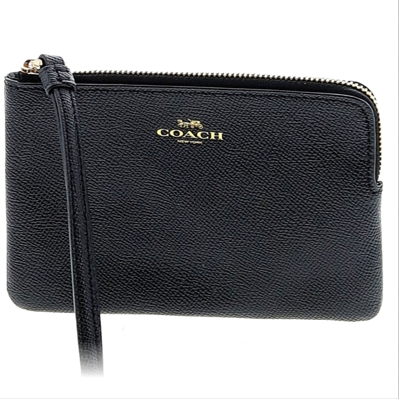 Coach Crossgrain Leather Corner Zip Wristlet - Black, 6.25" L, 4" H, 0.5" D - Picture 1 of 5